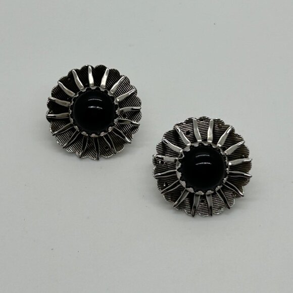 Sarah Coventry Vintage "Black Beauty" Silver-Tone Clip-On Earrings W/ Black Cabo - Picture 2 of 10